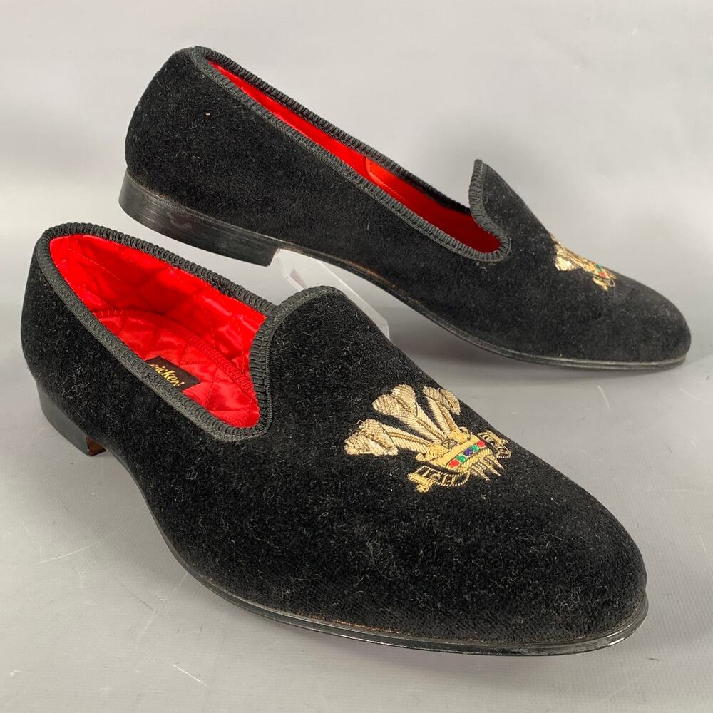 TRICKER'S Size 10.5 Black Embroidery Velvet Slippers Loafers